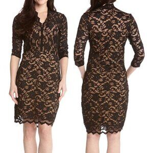 Karen Kane Women's London Cocktail Dress Black Lace Nude Lining Scallop Stretch